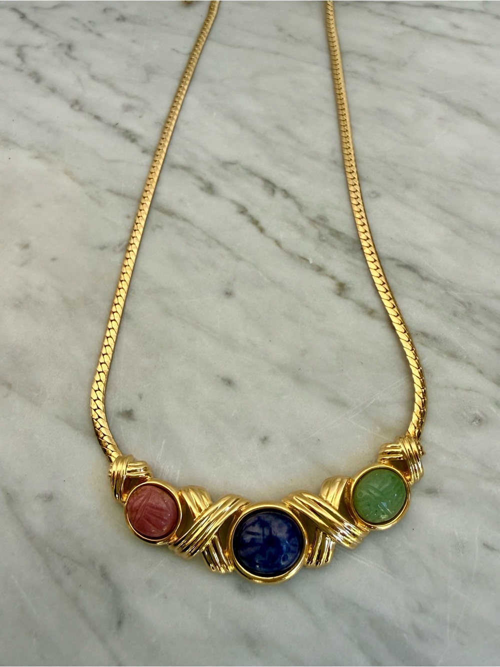 Vintage Herringbone Chain Egyptian Revival Necklace with Carved Scarabs